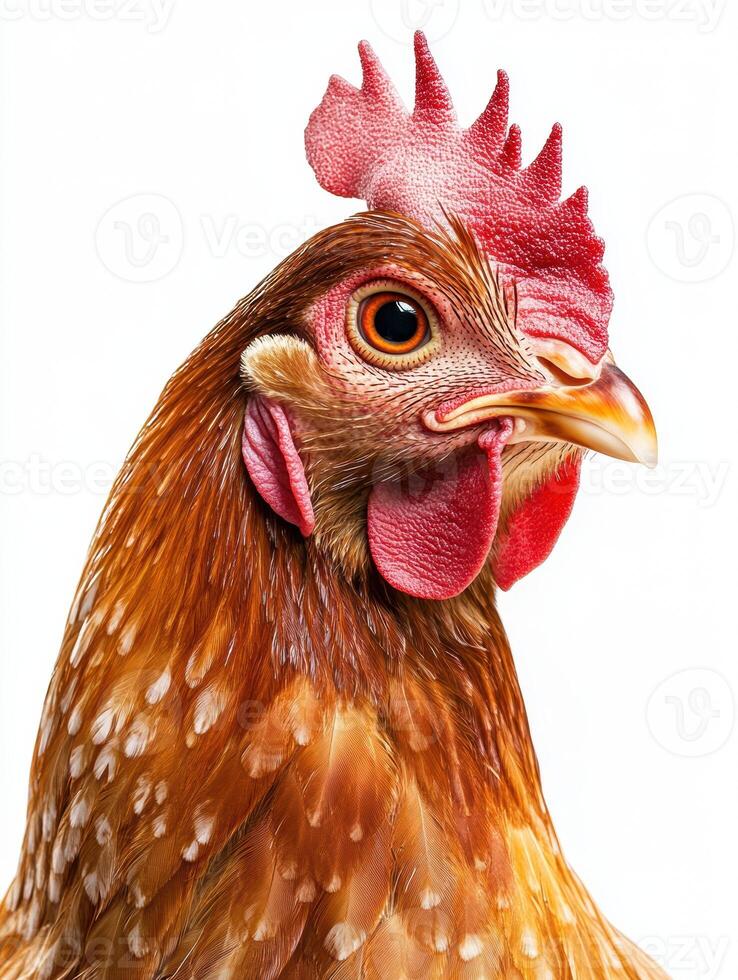 Adorable hen with gentle expression and soft feathers for farm animal portrait photo