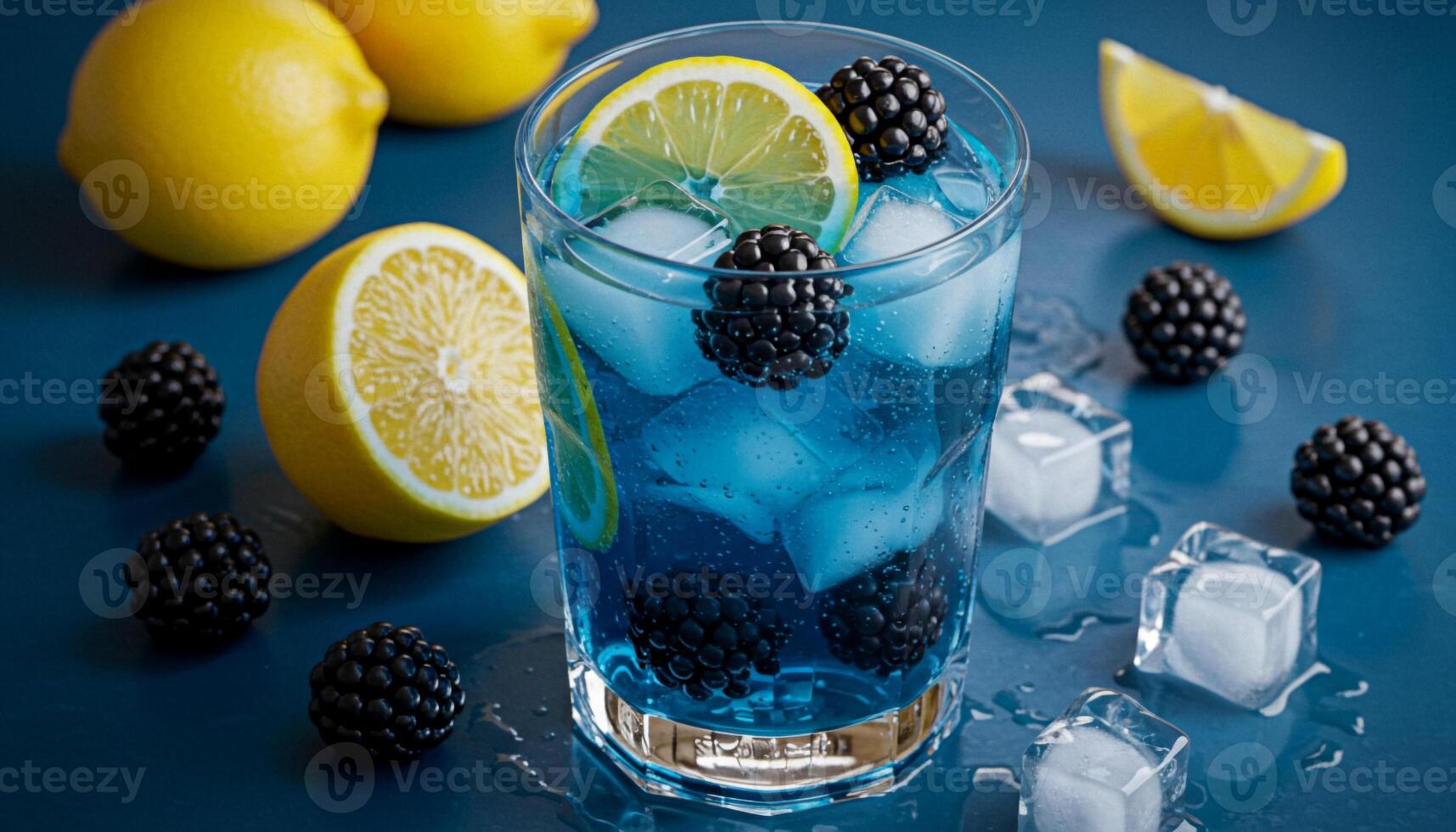 Refreshing blue drink with ice cubes blackberries and lemon slices on a blue surface photo