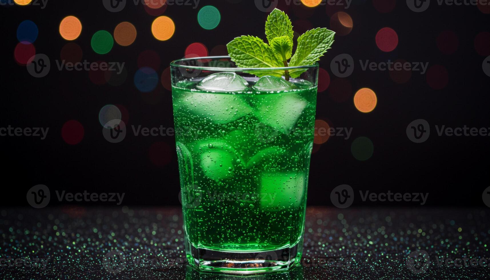 Discover the fresh elegance of a green carbonated drink topped with mint leaves and served with ice cubes. photo