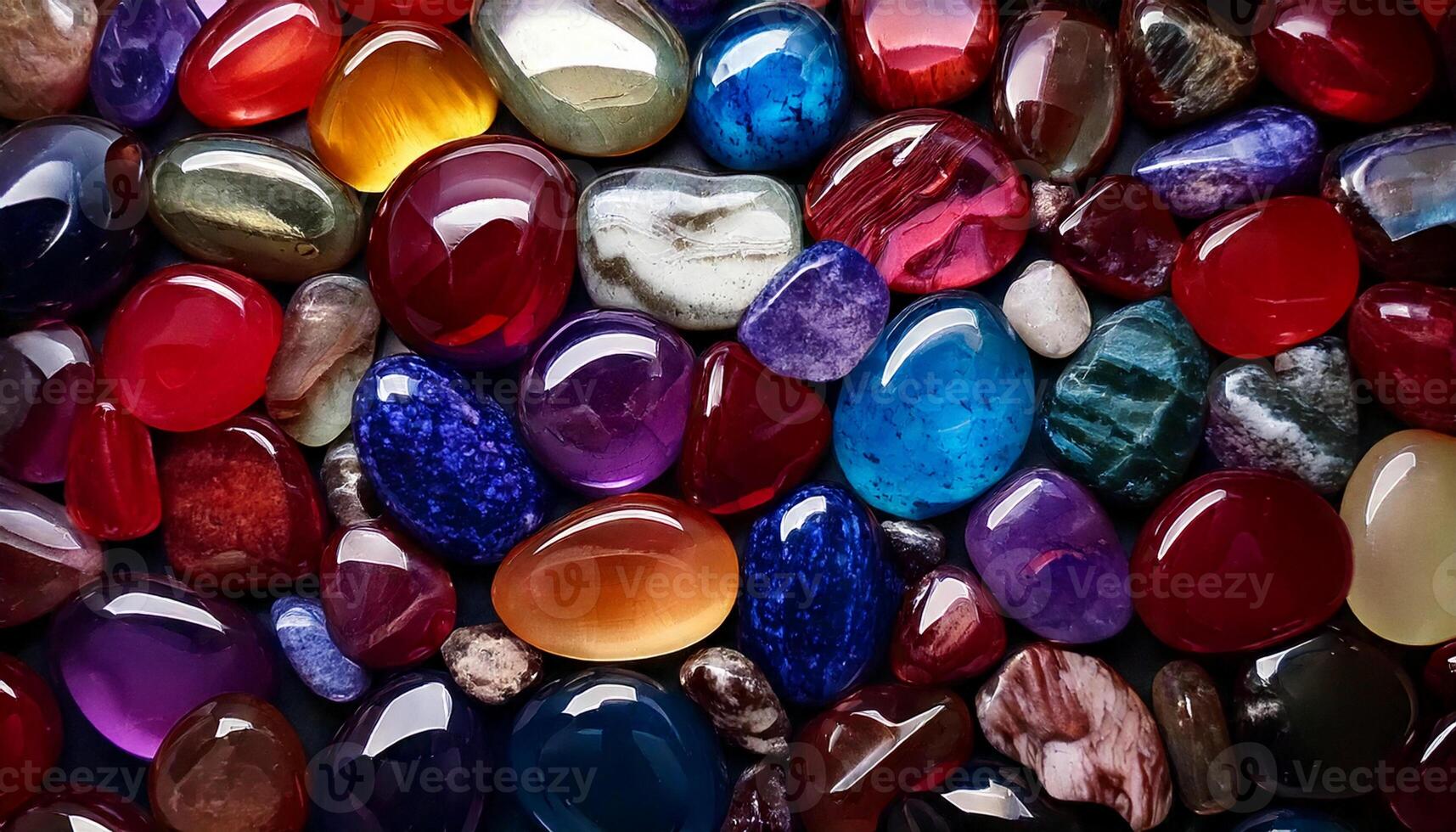 Polished gemstones in vivid colors with glossy surfaces creating diverse natural artistic arrangement photo