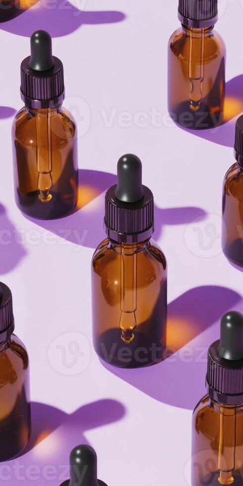 High fidelity flat lay of amber medical glass bottles on lilac background for design concepts photo