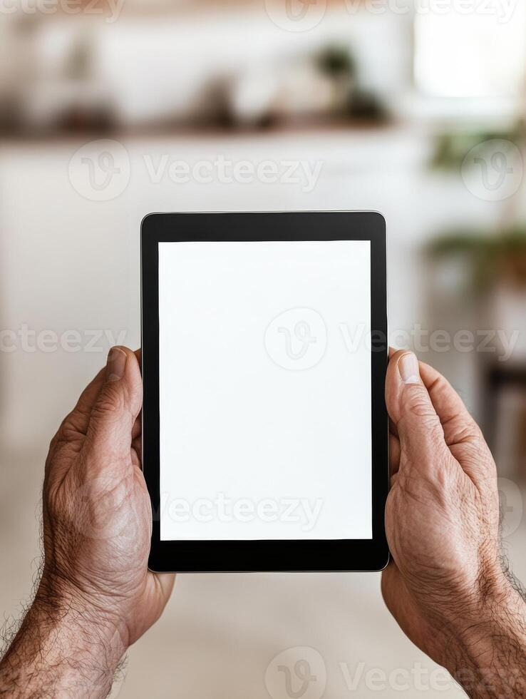 Male hands holding blank tablet screen for app presentation or digital content display photo