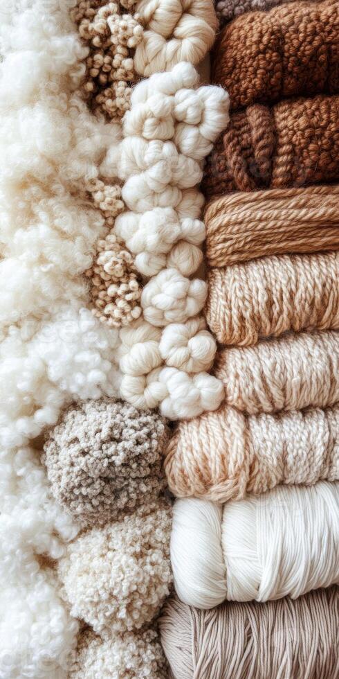 Cozy knitting inspiration board with warm textures and neutral color palette for creative craft projects photo