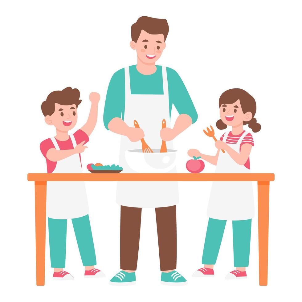Happy Family Cooking Together in Cozy Kitchen with Smiling Father and Children Preparing Meal Isolate on white vector