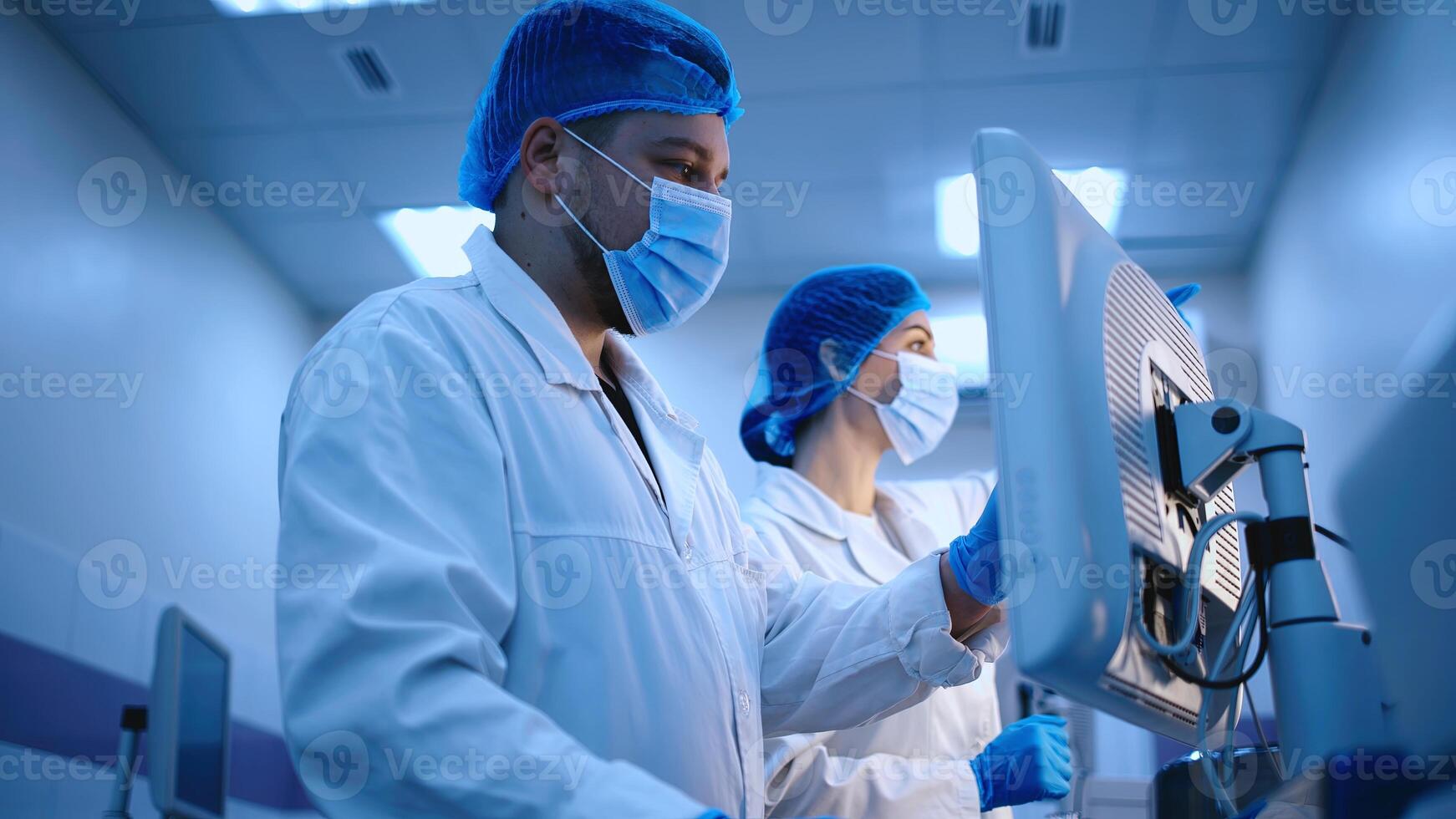 Medical, research and scientist in laboratory with microscope, observation and experiment for study. Healthcare, employees or doctor with machine for examine cells, microorganisms and investigation photo