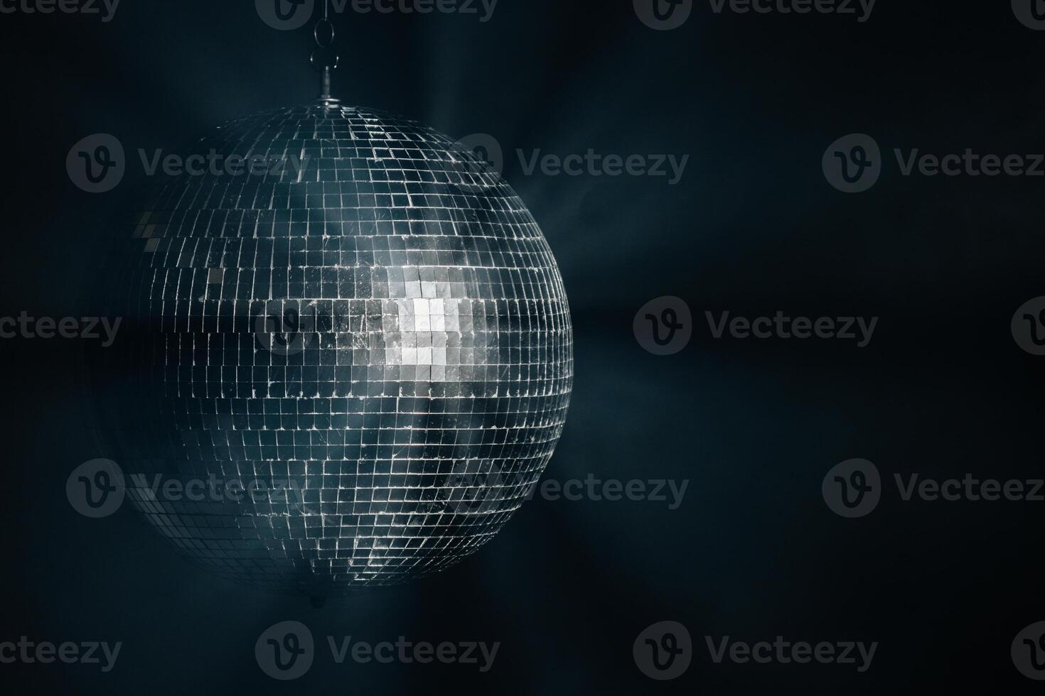 Silver disco ball on black background. Template, banner with empty space for text. Dance party in nightclub, spotlights concept photo