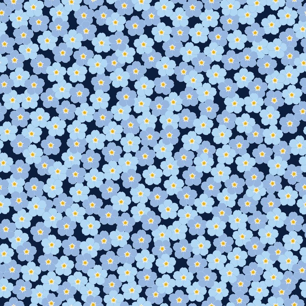 Seamless pattern with blue forget me not flower blooms on dark blue background. Illustration. For textile fabric vector
