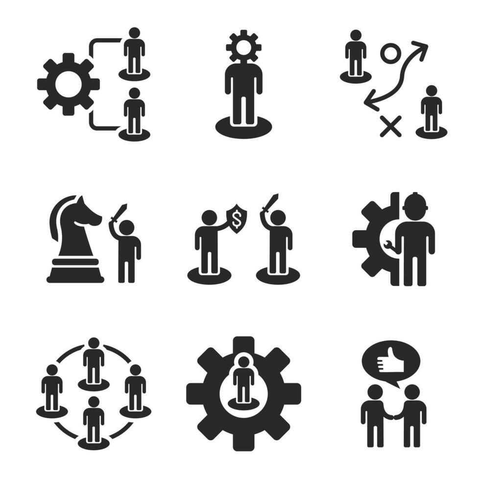 Business management solid icon set with strategy, leadership, teamwork, and decision-making concepts. vector