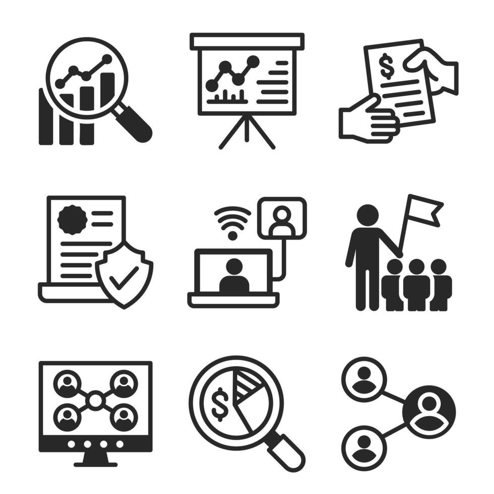 Business analysis and communication solid icon set with data chart, presentation, ideo conference, leadership, and teamwork. vector