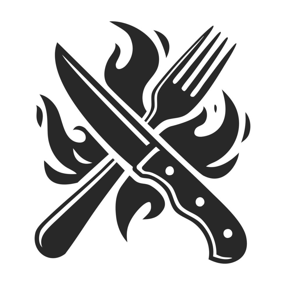 Silhouette of a burning fork and knife crossed illustration. vector
