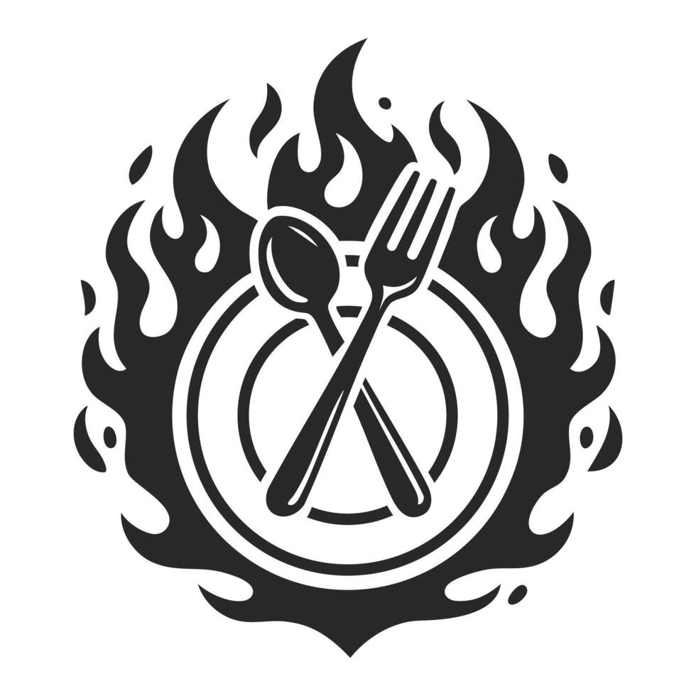 Silhouette of a burning plate with a spoon and fork illustration. vector