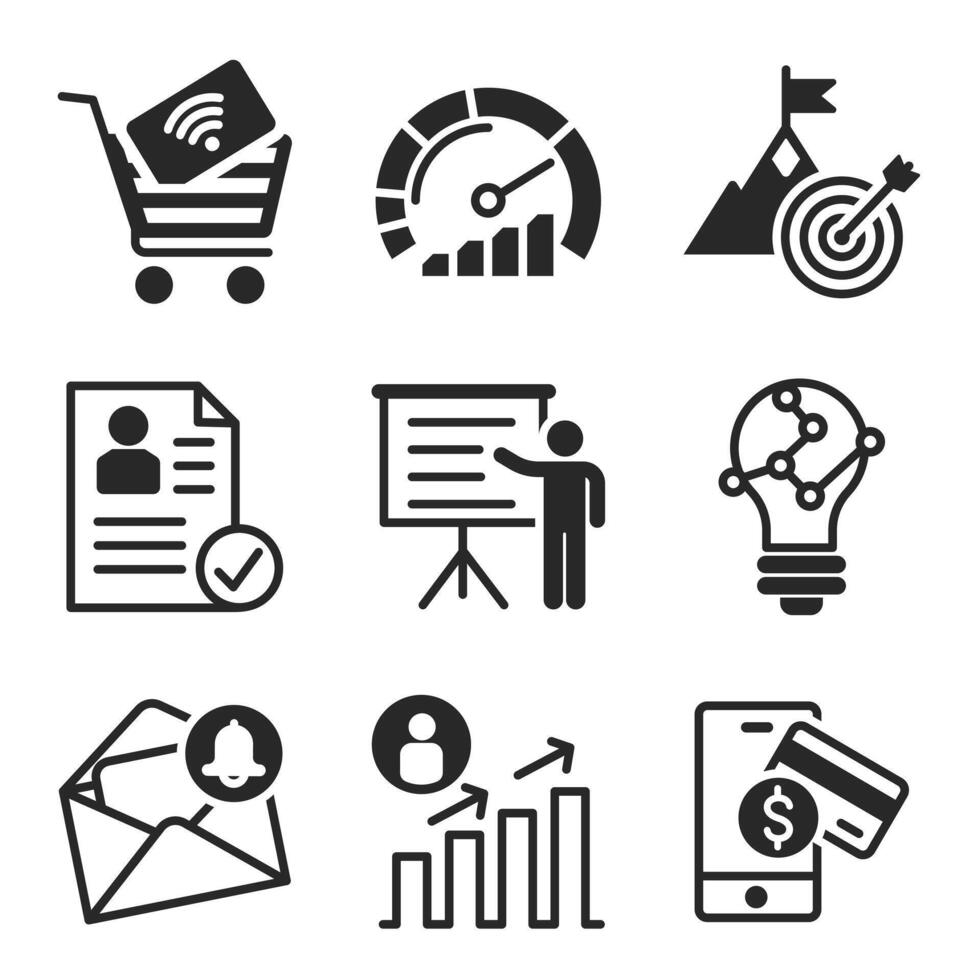 Business strategy and finance solid icon set with analytics, goal tracking, smart payment, notifications, and innovation. vector