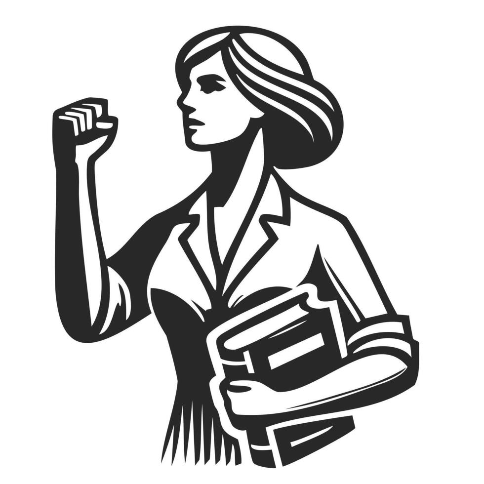 A determined woman in business attire holding books and raising her fist in empowerment. vector