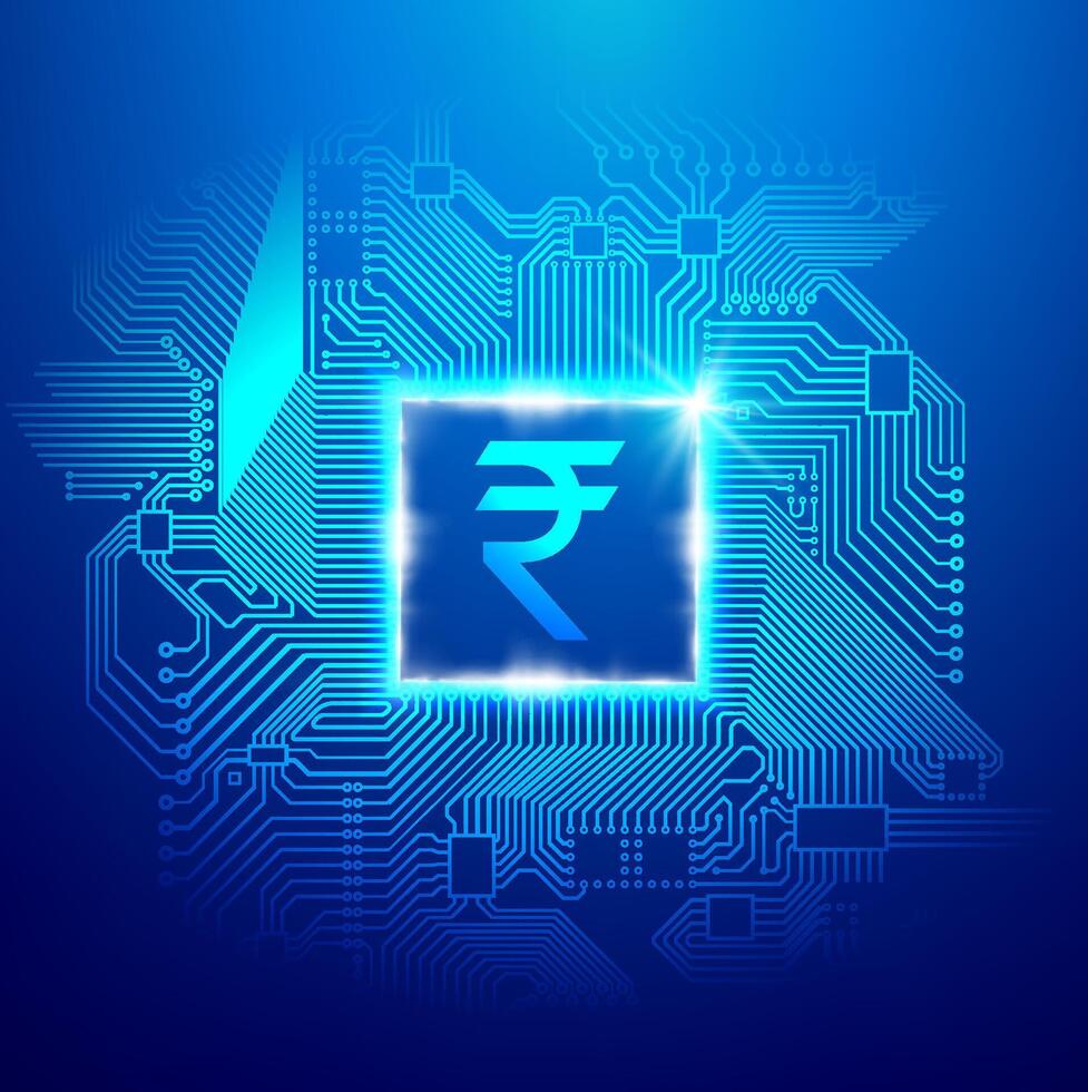 Digital rupee symbol embedded in glowing microchip with blue electronic circuit board, futuristic Indian currency icon illustrating fintech system, blockchain concept, and rupee powered digital vector