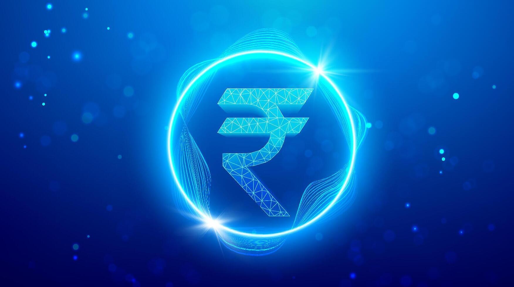 Digital rupee symbol with glowing circular wave and polygon mesh design, futuristic Indian currency icon on blue abstract background, representing digital finance, rupee innovation, and fintech vector