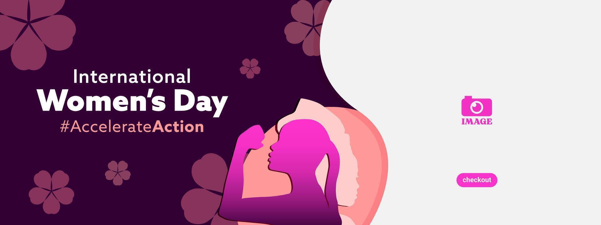 International Women's Day. Banner design with abstract frame and woman silhouette, floral element for celebration, campaigns, advertisement for acceleration action on March 8 vector