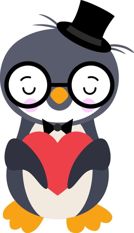Cute penguin with black hat holding a red heart vector