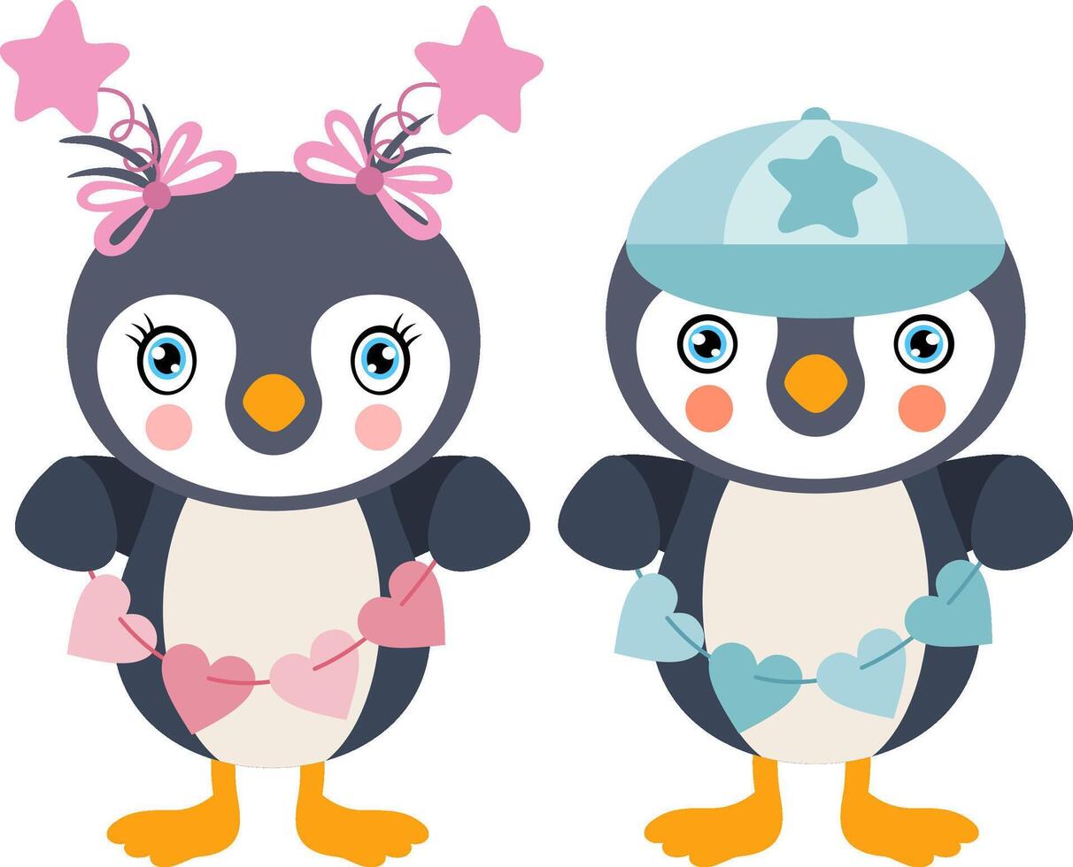Pink and blue baby penguin holding string of hearts vector