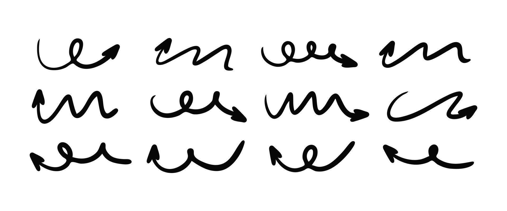 Squiggly arrow set. Hand drawn doodle line fun playful bounce icons, black jump thick motion design elements. Movement symbol vector