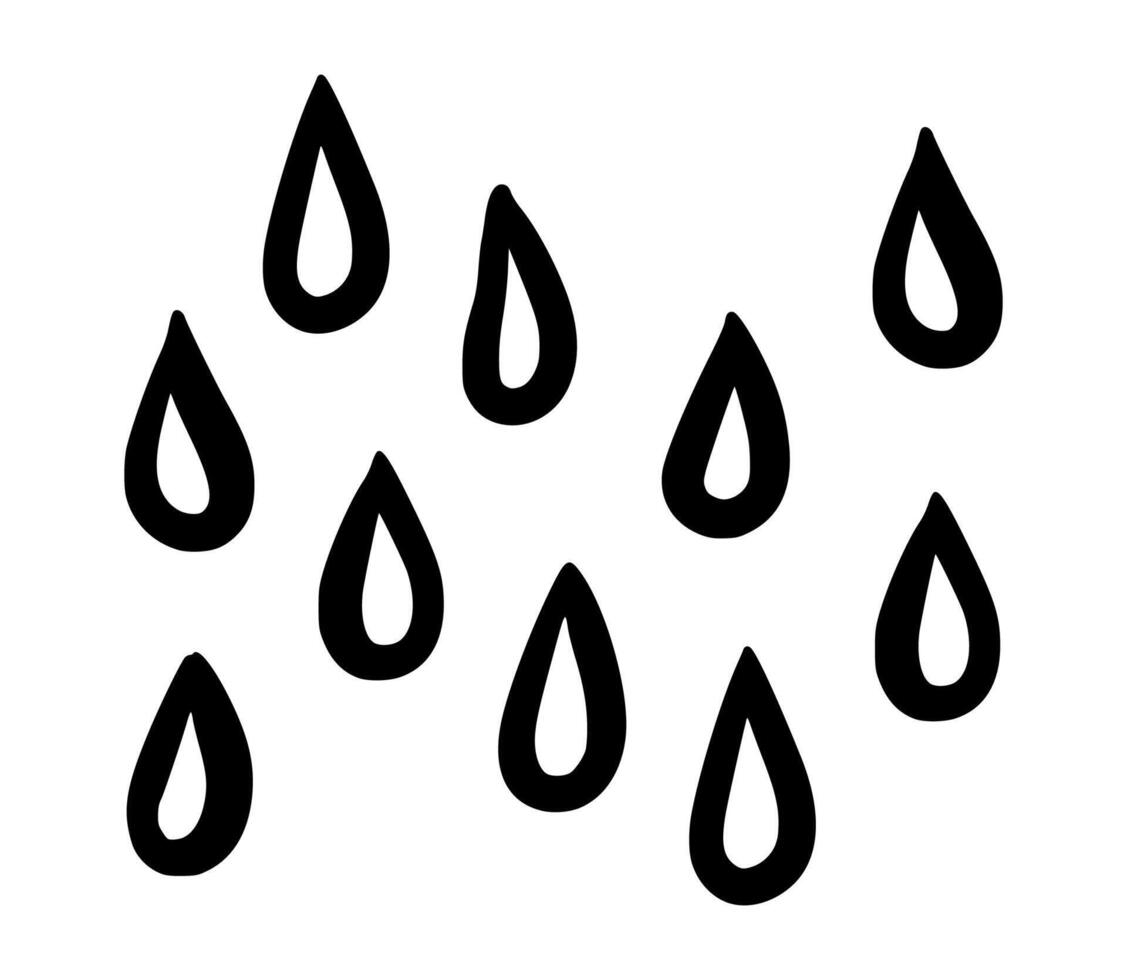 Doodle water drop, hand drawn sweat tear. Minimalistic black water drops in random arrangement on white background. Perfect for rain designs, packaging, eco concepts, skincare vector