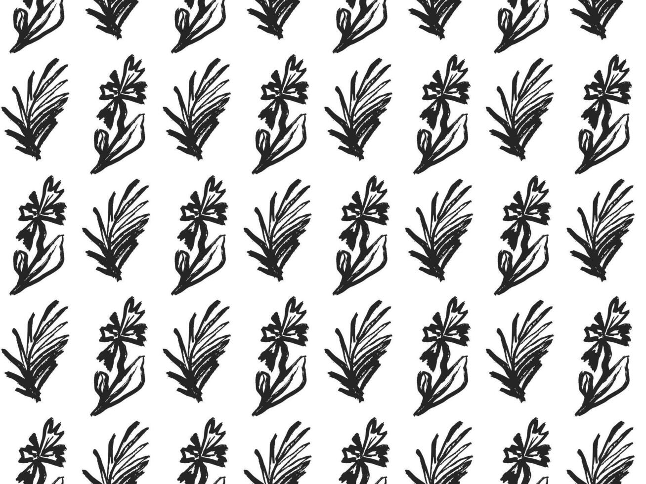 Doodle flower and leaf chalk pattern. Hand drawn Ink floral plant abstract seamless background. Sketch nature simple daisy, flower, leaves, graphic elements. Perfect for fabric design, packaging vector