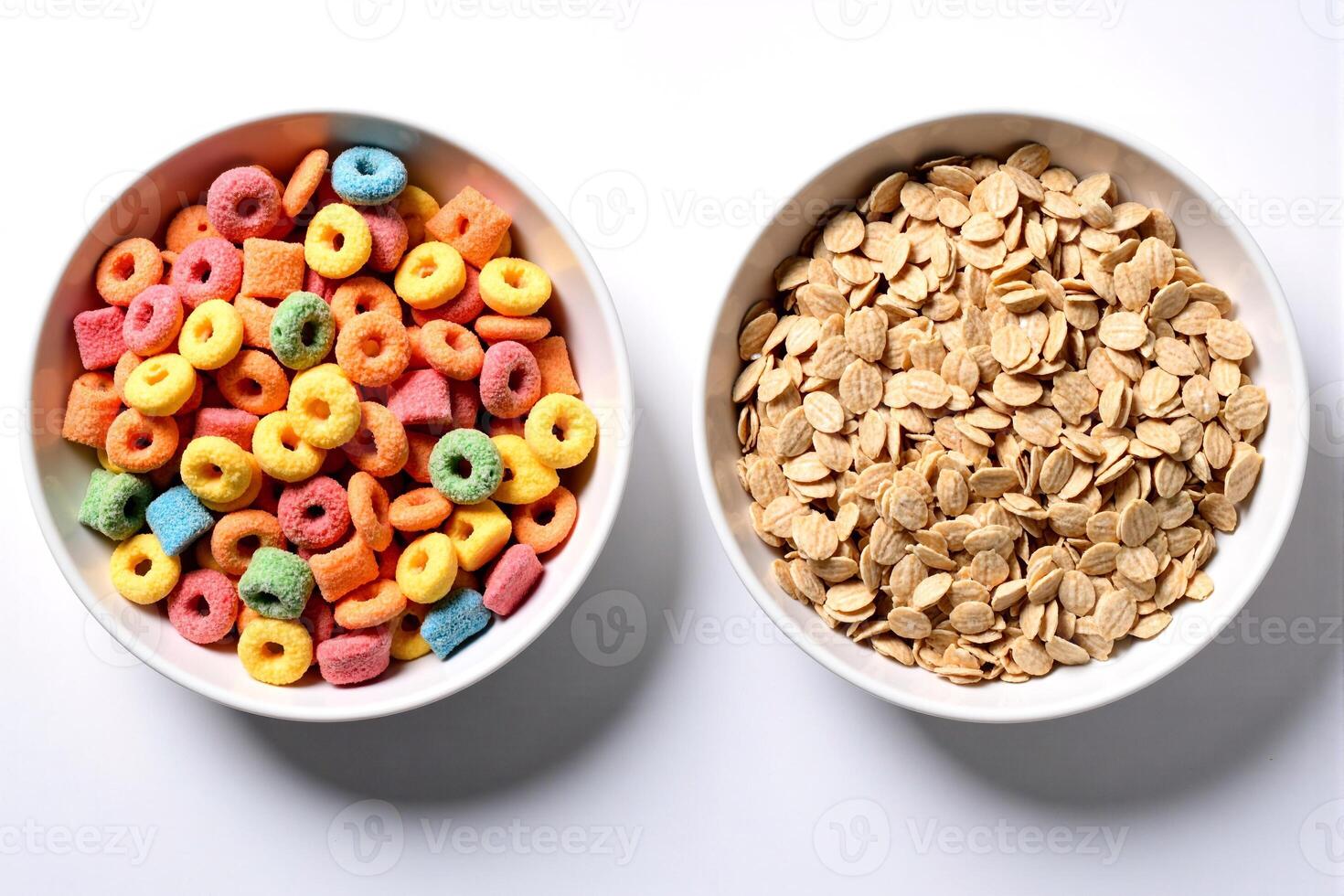 Two bowls of cereal with different colors photo