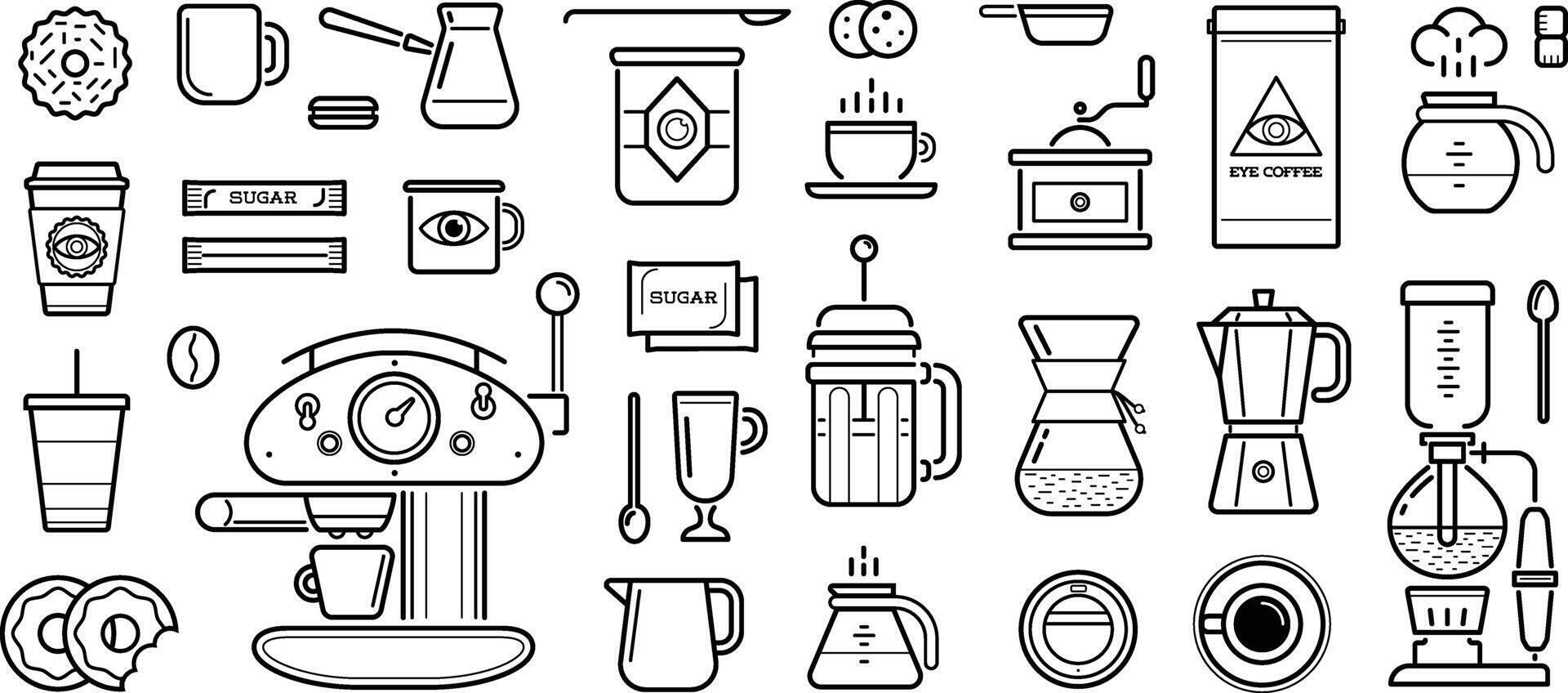 coffee and coffee related items are shown in a line drawing vector
