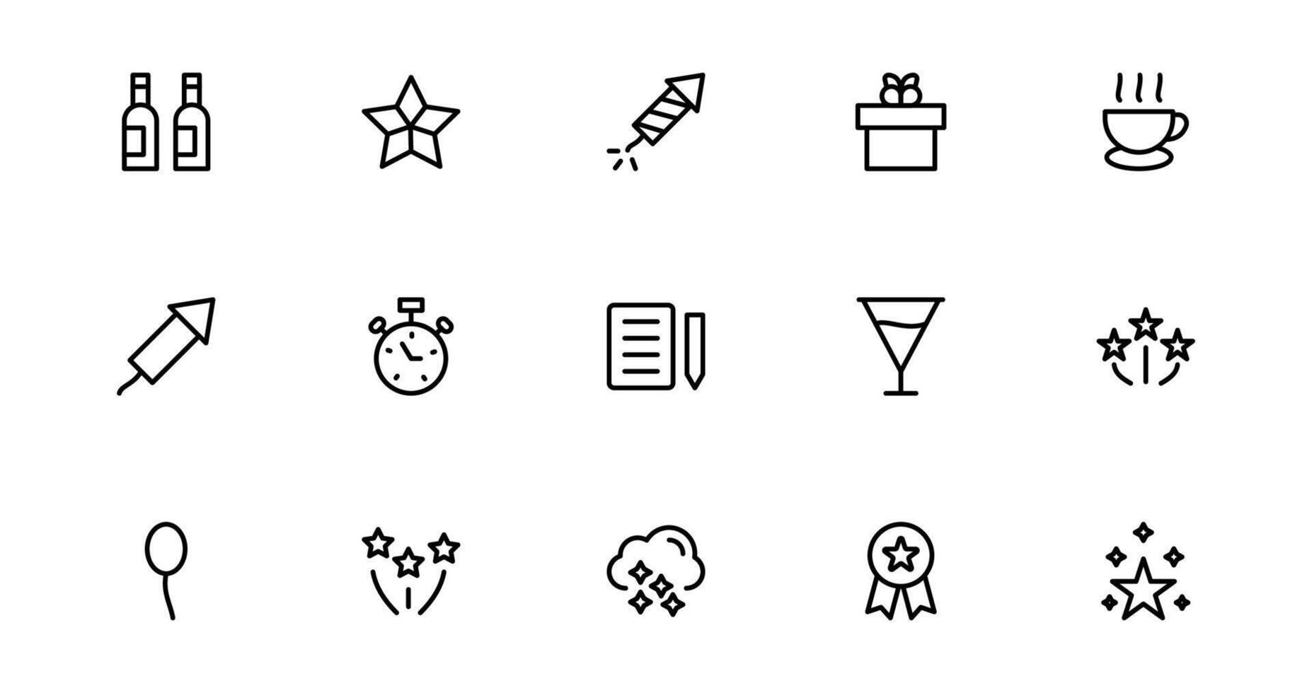 Celebrate the New Year with Stylish Icons for Festive Occasions. This Icon Set Includes Cheers, Fireworks, and set pack Vibrant Symbols for Every Celebration. vector