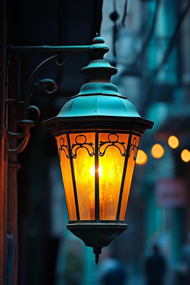 Illuminating Cityscape. A Glowing Street Lamp at Dusk photo