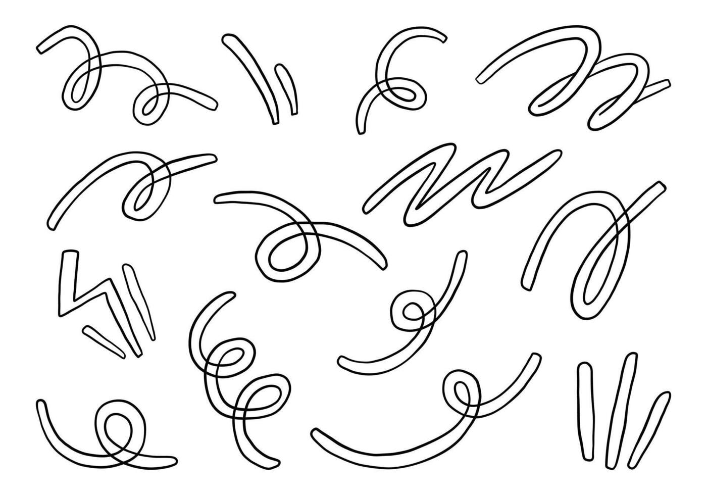 Hand Drawn Abstract Squiggle Line Art. A collection of 14 abstract squiggle elements featuring loops curls spirals and zigzags in smooth minimalist black line art style vector