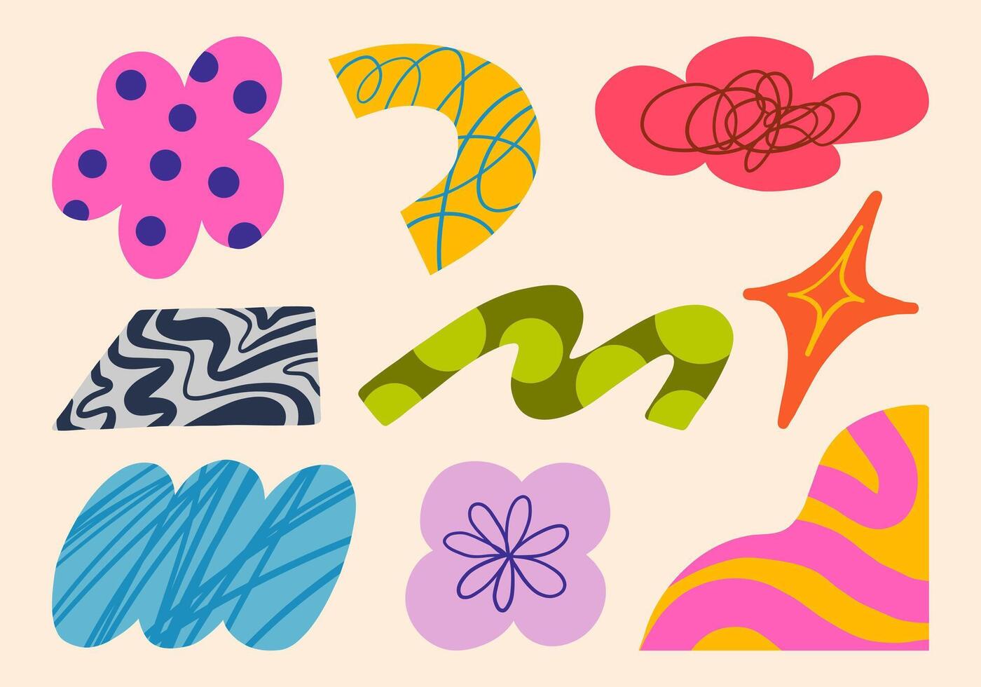 Whimsical Abstract Shape and Pattern. A collection of 9 playful abstract shapes featuring bold patterns swirls stripes and decorative textures perfect for modern graphic design and creative visuals vector