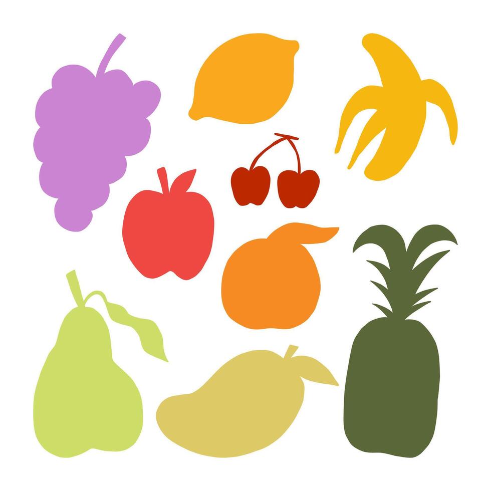Flat Fruit Silhouette Icon Collection. A collection of 9 flat fruit silhouettes featuring simple iconic shapes including grapes apple banana mango and more perfect for food graphics and playful design vector