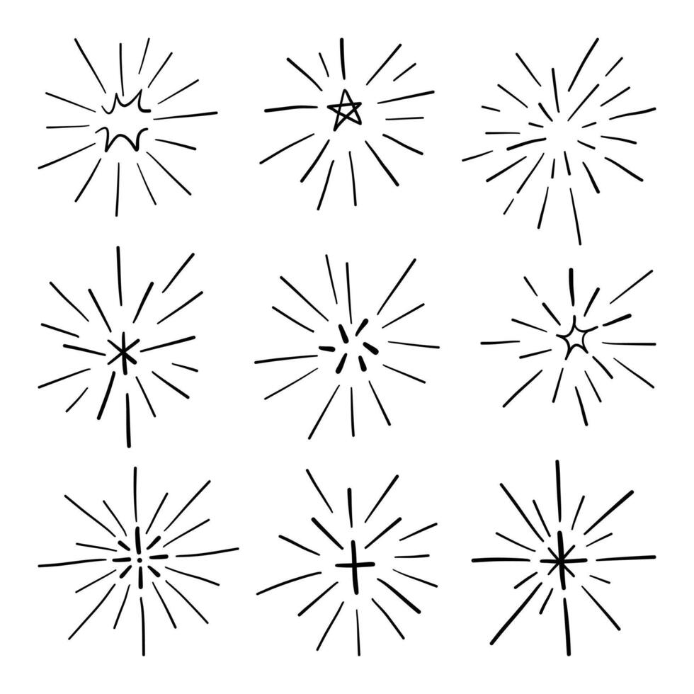 Hand Drawn Starburst Sparkle Line Art. A collection of 9 hand drawn sparkle and burst icons with unique center shapes and expressive rays perfect for magical highlights and celebratory designs vector