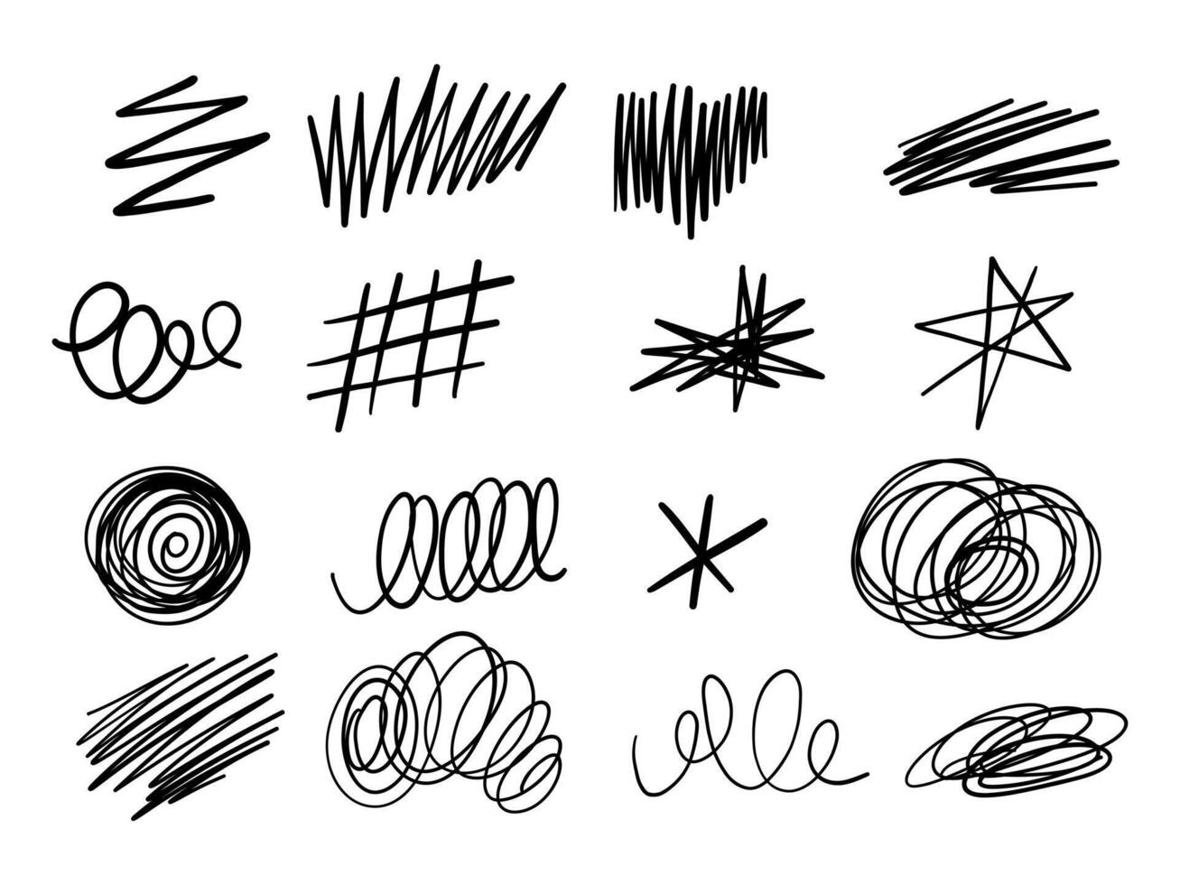 Hand Drawn Abstract Scribble Element. A collection of 16 expressive hand drawn scribbles featuring loops zigzags spirals hatches and sketch lines perfect for textured backgrounds and dynamic design vector