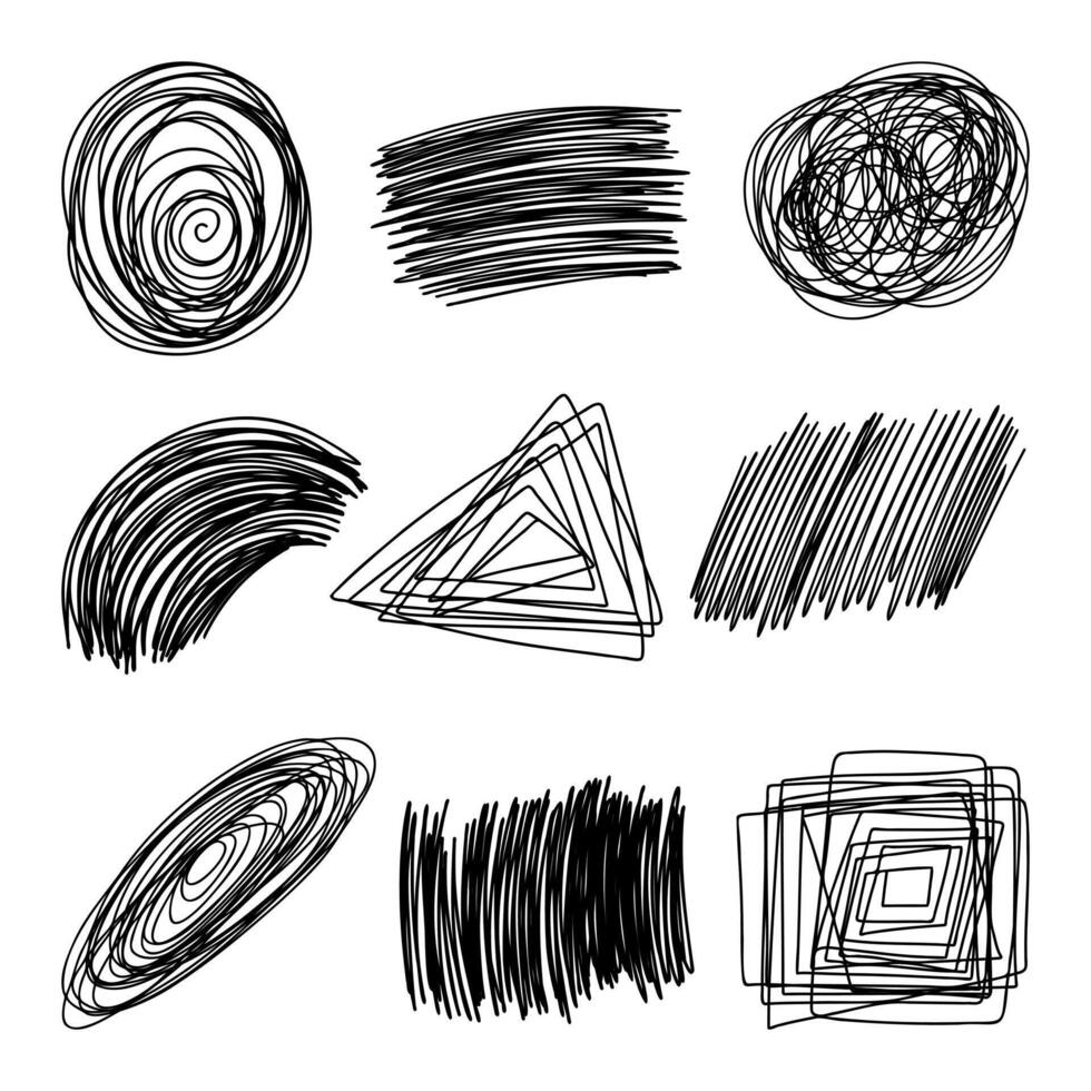 Expressive Abstract Scribble Shape. A collection of 9 expressive abstract scribble elements featuring spirals lines loops and chaotic textures for bold modern compositions vector