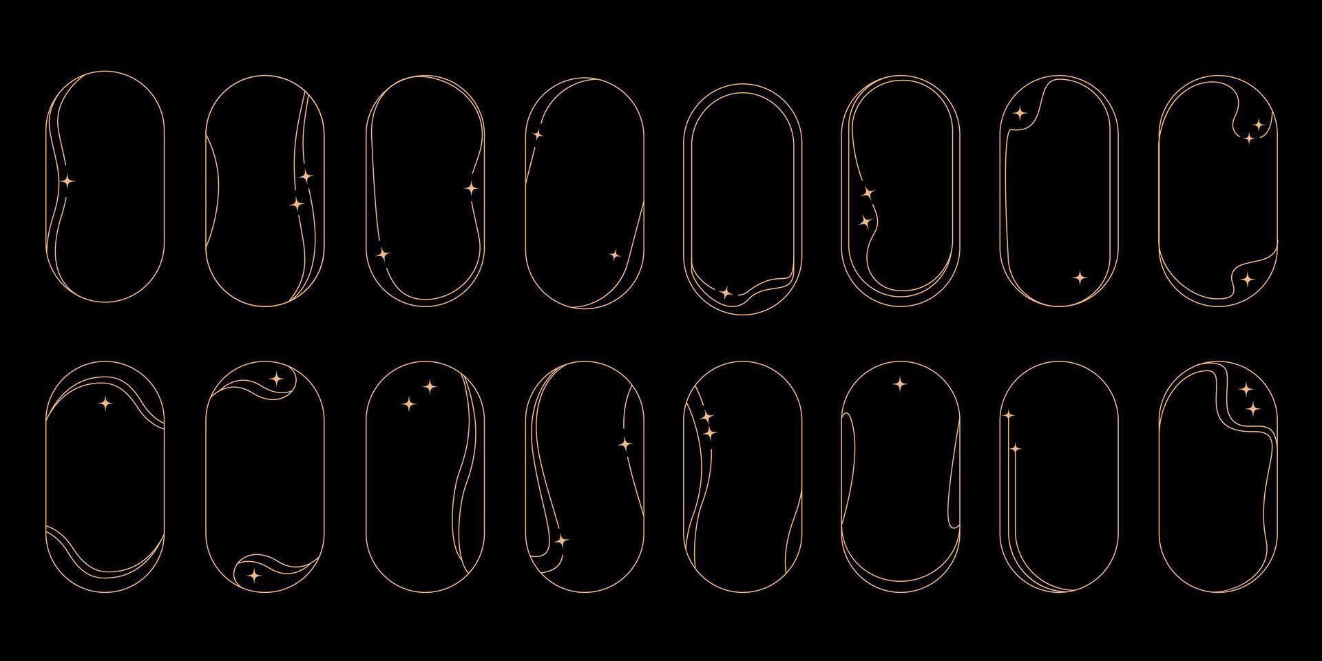 Golden minimalist modern oval frame with sparkles, big set vector