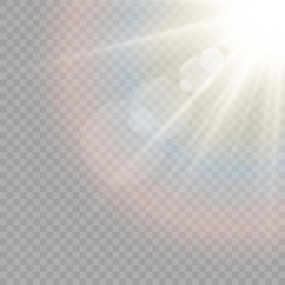 White sun rays, sun light with glare and rainbow isolated vector
