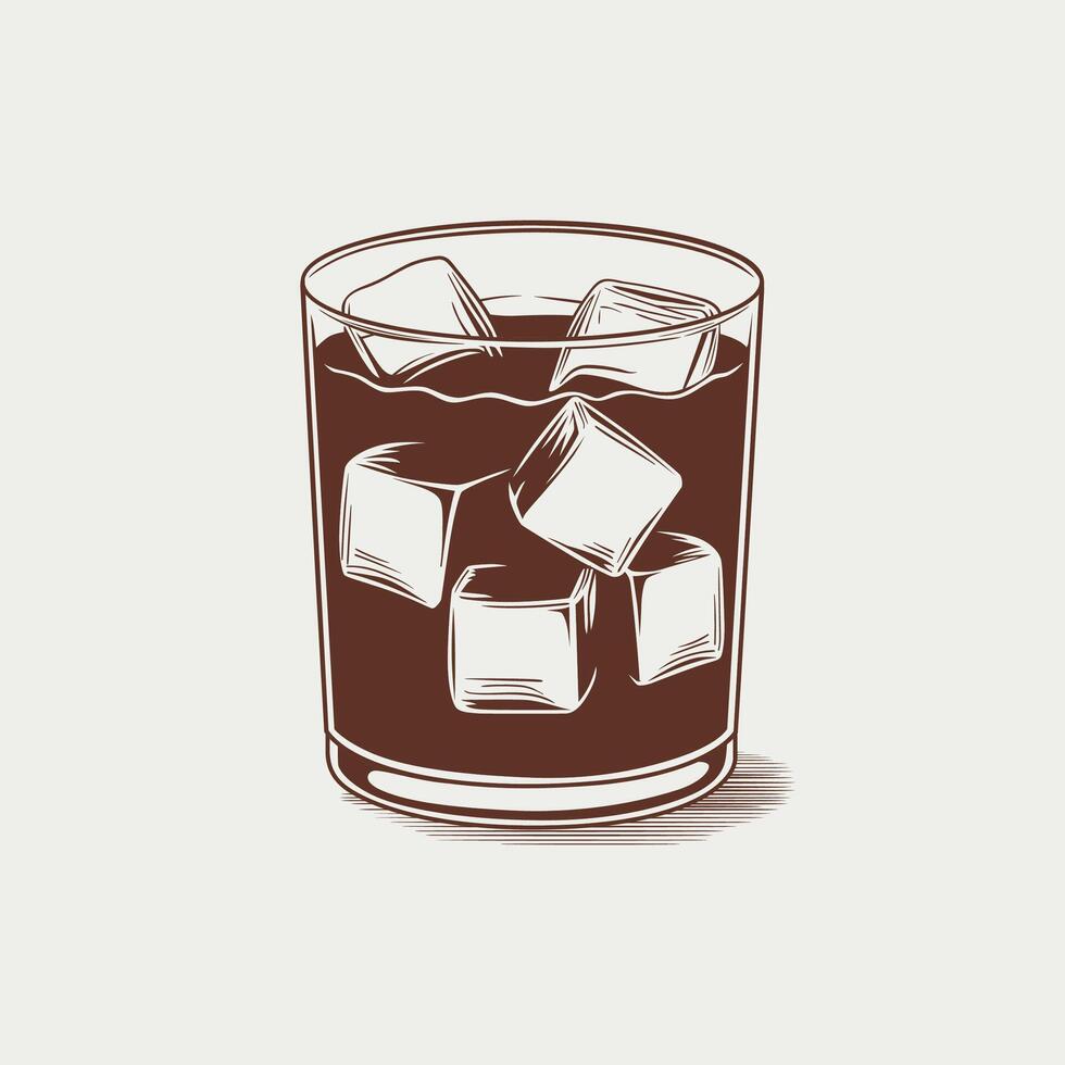 Illustration of a glass filled with a dark beverage and ice cubes, highlighting its refreshing appeal vector