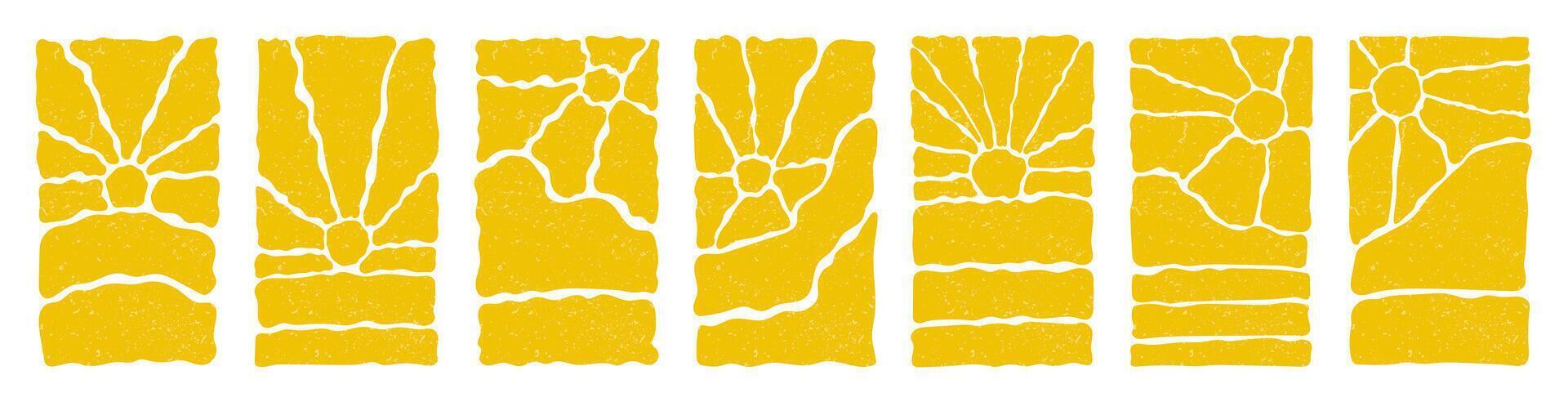 Groovy retro abstract sun backgrounds. Organic doodle shapes in trendy naive hippie 60s 70s style. Contemporary poster print banner template. Square vector