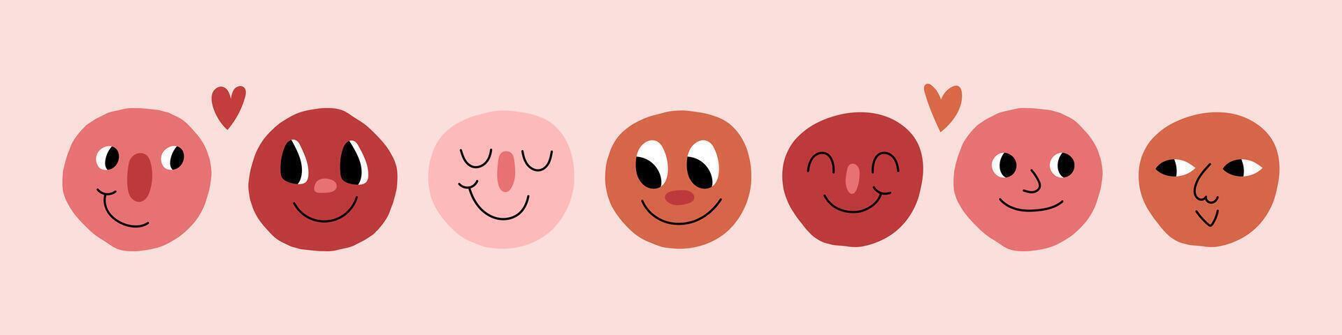 Doodle face set. Abstract comic smiling faces. Crayon drawing style. Different characters vector