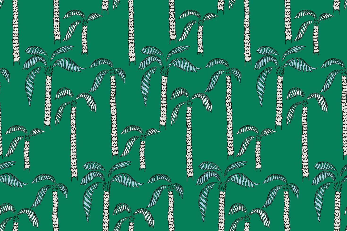 Seamless tropical pattern featuring hand drawn palm trees with textured trunks and curved leaves on a green background. Ideal for summer themed designs, textiles, wallpapers, and packaging. vector