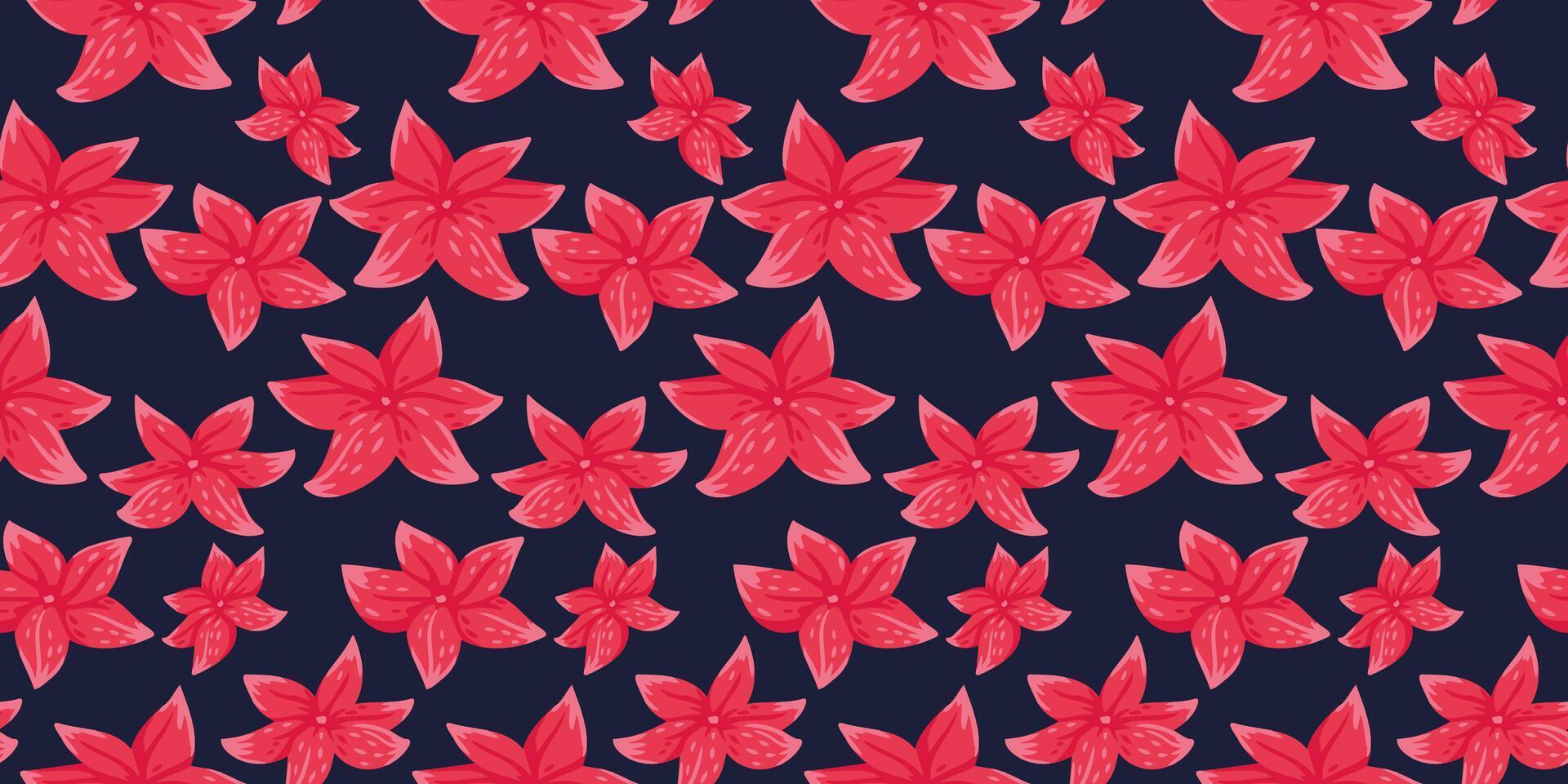 Seamless pattern with bright red tropical flowers on a deep navy background. The bold, vibrant floral design is ideal for fabrics, wallpapers, wrapping paper, and summer-themed projects. vector