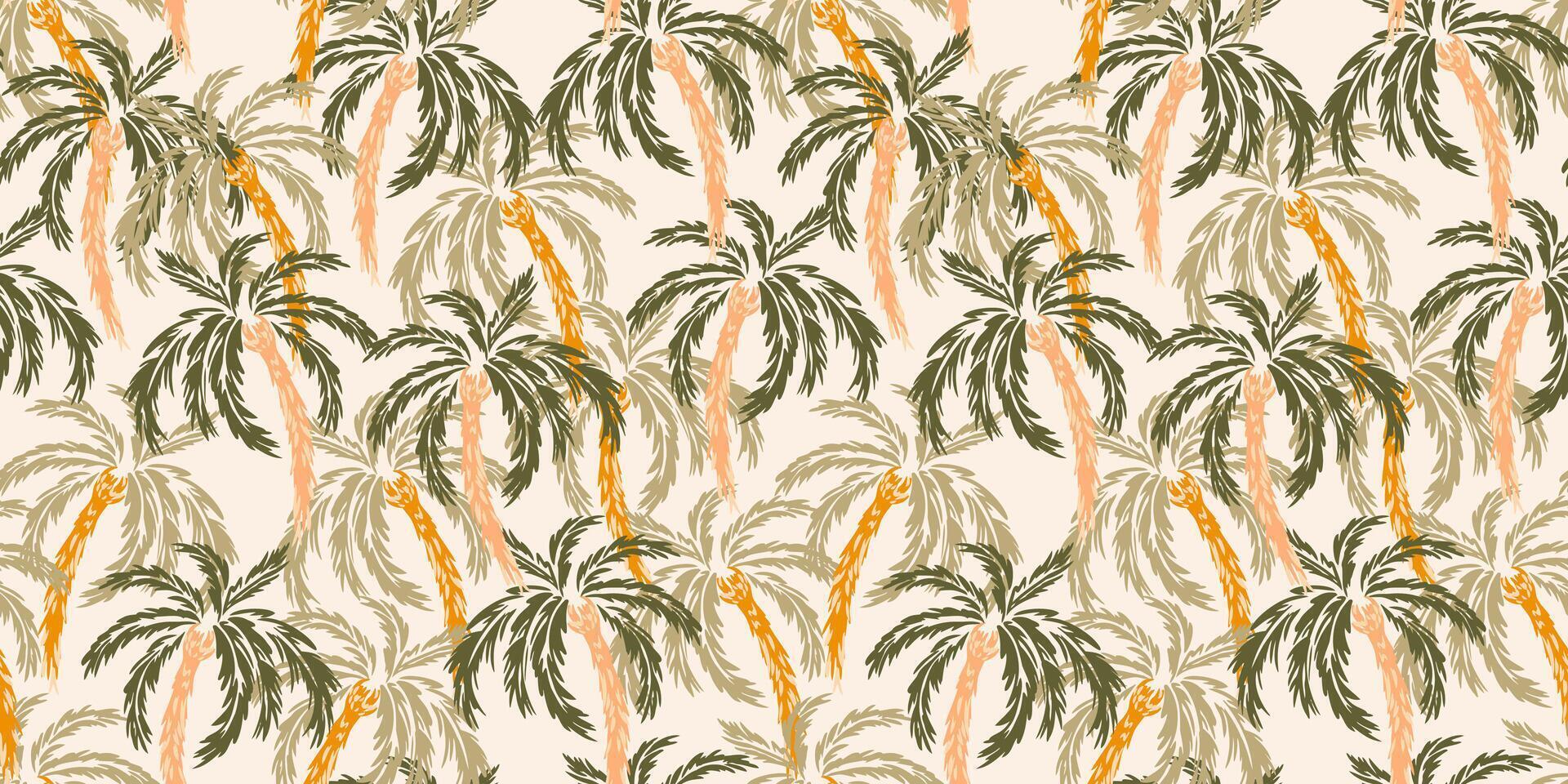 Seamless tropical palm tree pattern with artistic brushstroke texture. Light background with green and greenery palm leaves. Perfect for summer fashion, textiles, wallpapers, and branding. vector
