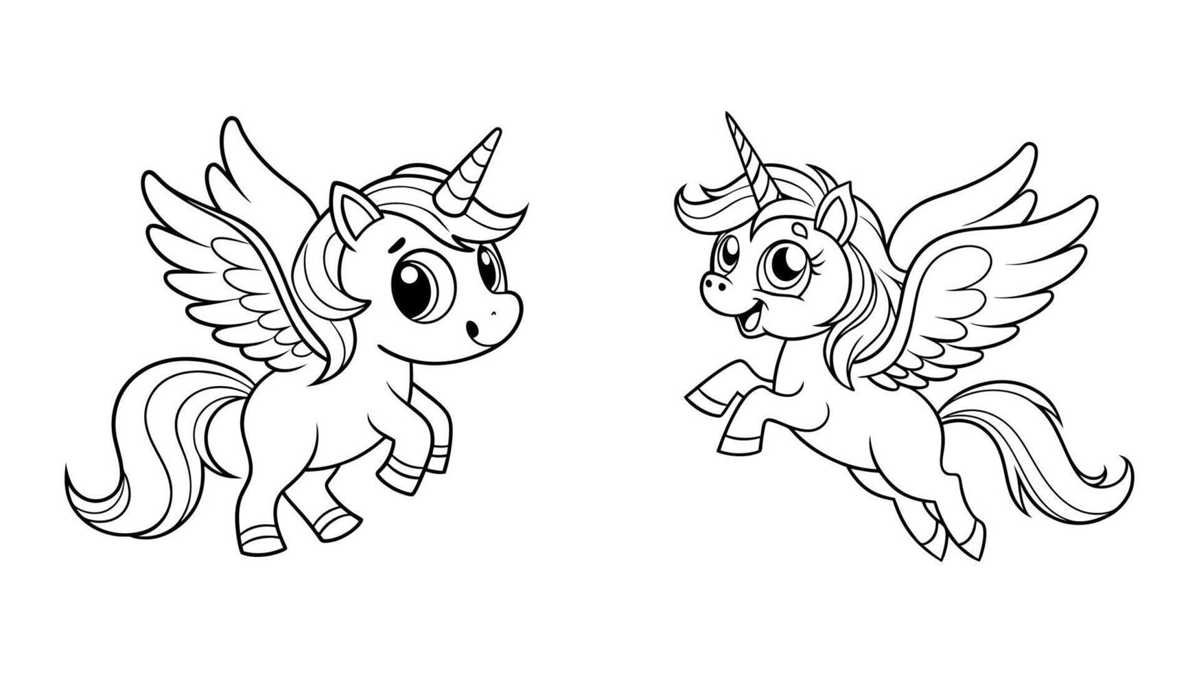 Two Cute Winged Unicorn Coloring Pages on White background. vector