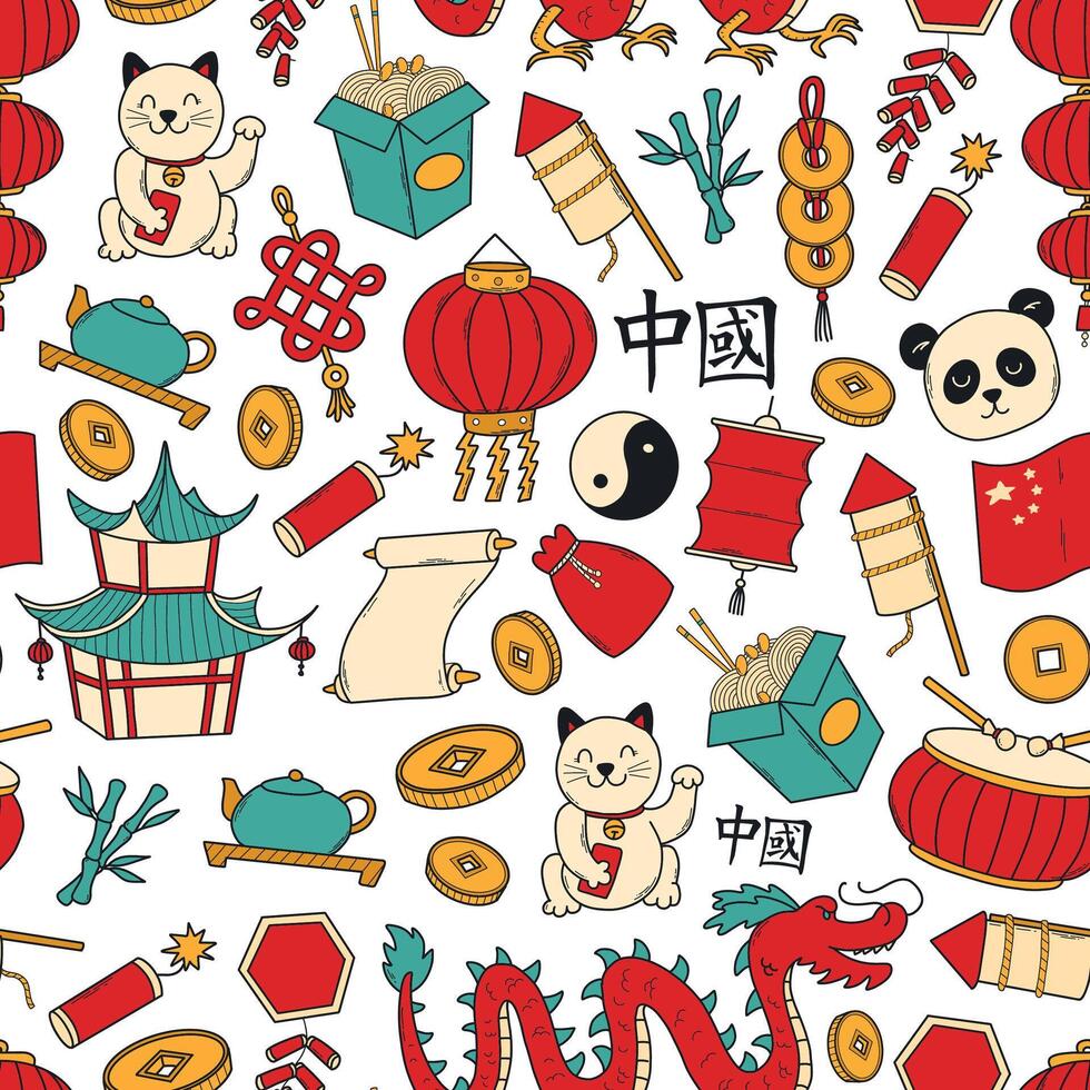 China doodles seamless pattern, chinese culture cartoon elements wallpaper, print, wrapping paper, background, stationery, etc. EPS 10 vector