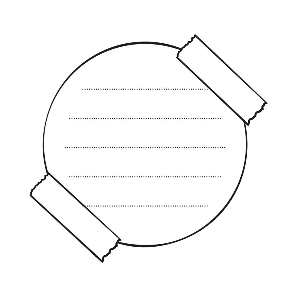 Hand drawn round memo paper sheet, sticky note, reminder, to do list, sticky tape. Bullet journal elements in line art doodle outline vector