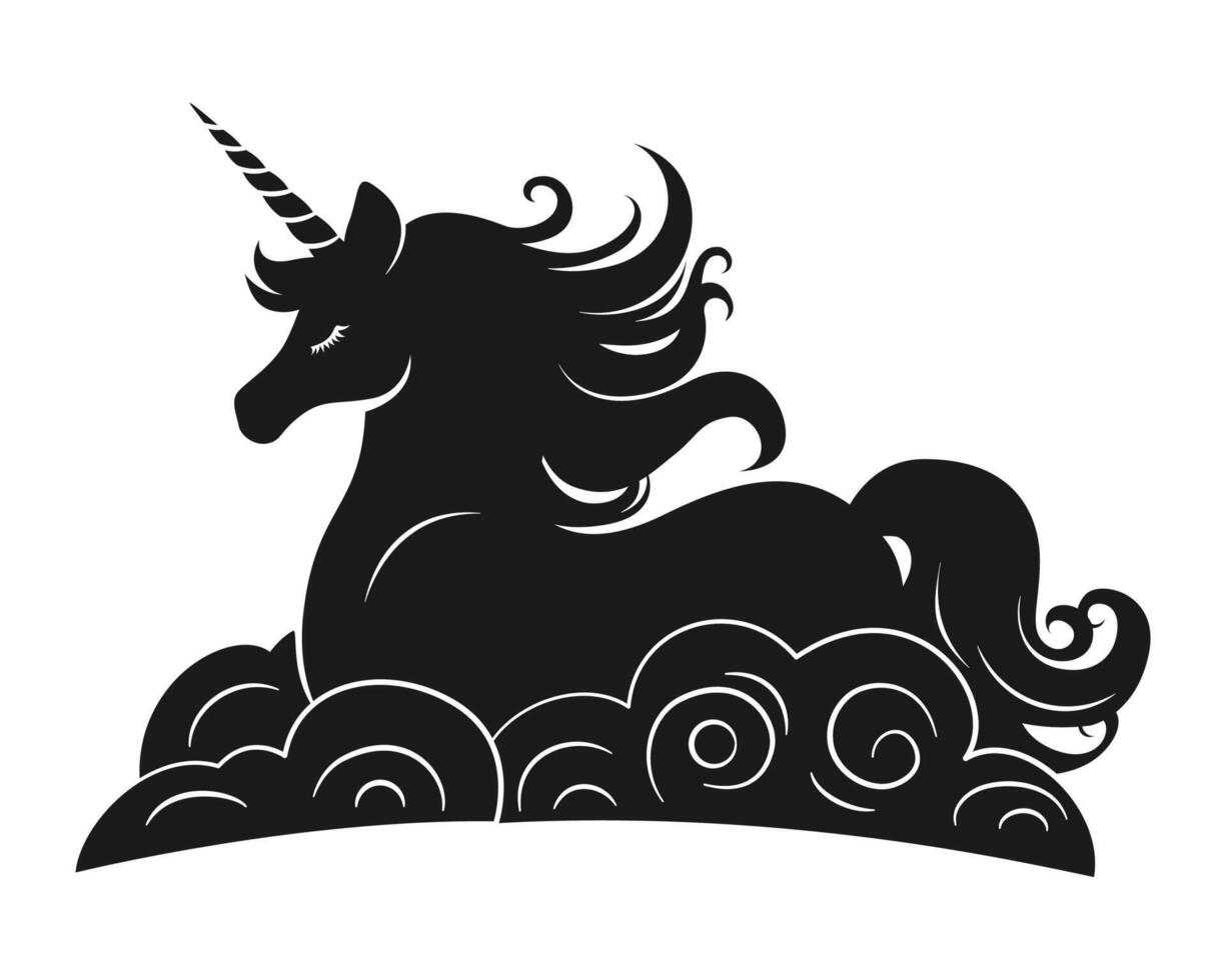 Unicorn in clouds silhouette. Fantasy magical mystic horse tattoo icon clipart. Product design t shirt print. vector