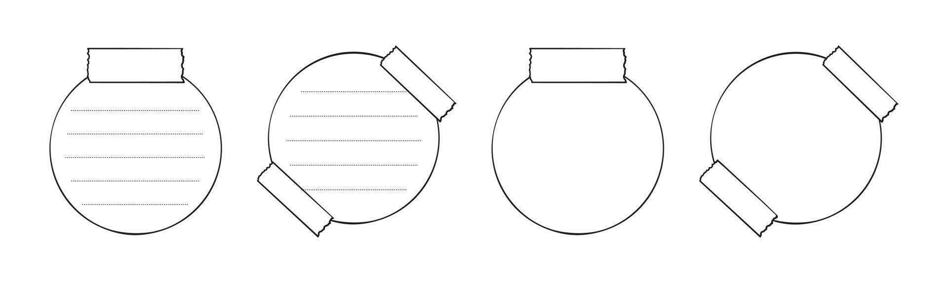 Hand drawn round memo paper sheet template set, sticky note, reminder, to do list, sticky tape. Bullet journal elements in line art doodle style. vector