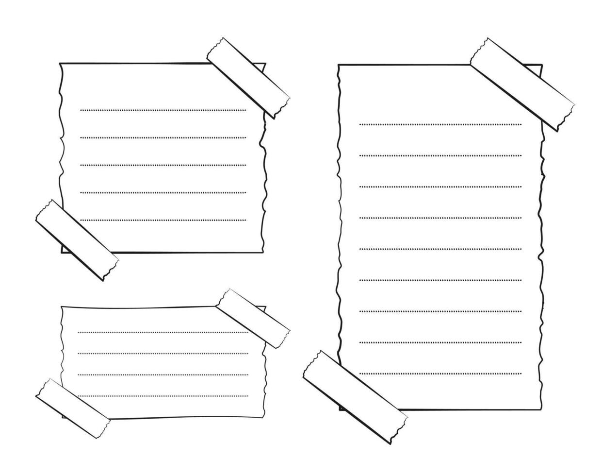 Hand drawn torn memo paper, sticky note, reminder, to do list, sticky tape. Bullet journal elements in line art doodle style. vector