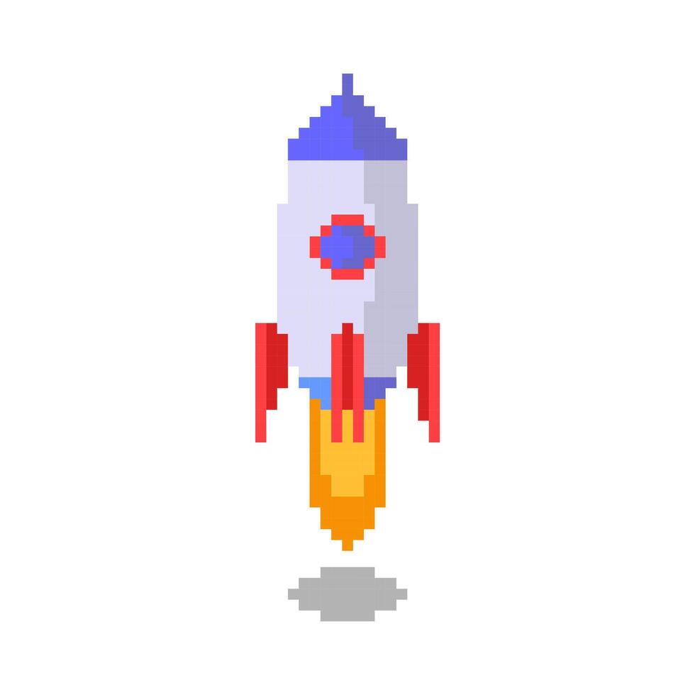 Pixel art of rocket dan fire burst. Pixelated rocket in comic illustration. vector